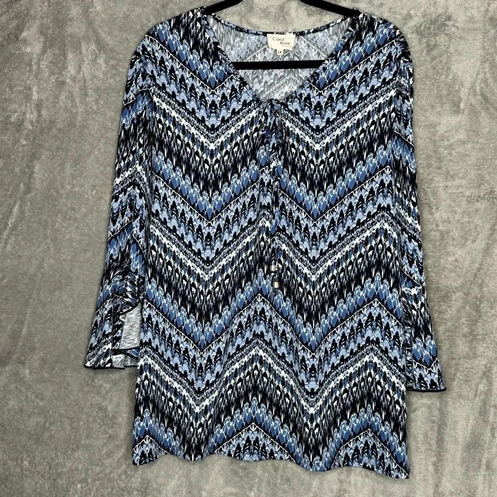 Carol Rose 1X Shirt Top Blue Chevron Striped Keyhole V Neck Flounce 3/4 Sleeve